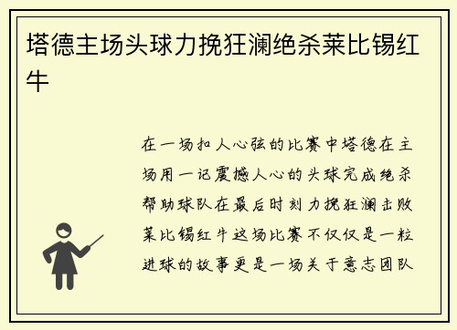塔德主场头球力挽狂澜绝杀莱比锡红牛 塔德主场头球力挽狂澜绝杀莱比锡红牛