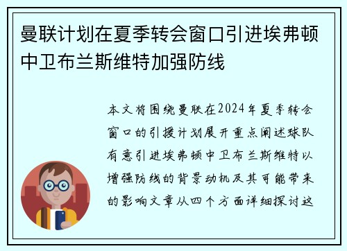 曼联计划在夏季转会窗口引进埃弗顿中卫布兰斯维特加强防线 曼联计划在夏季转会窗口引进埃弗顿中卫布兰斯维特加强防线