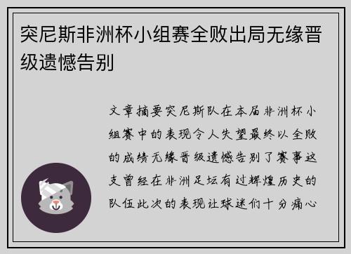 突尼斯非洲杯小组赛全败出局无缘晋级遗憾告别